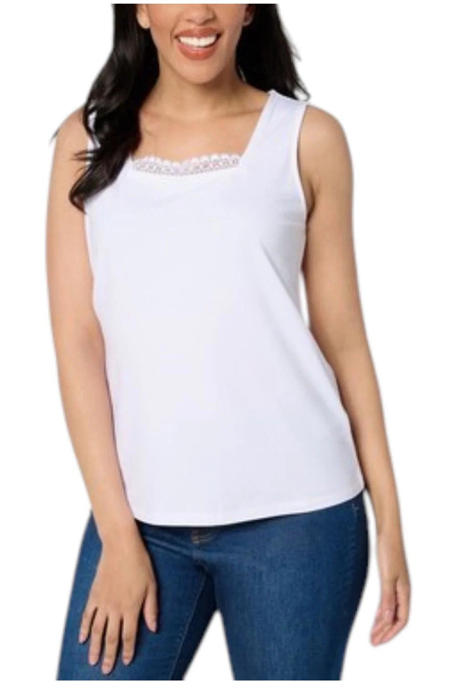 Isaac Mizrahi Live! Women`s Square Neck Slvlss Top with Crcht Trim Wht - Regular